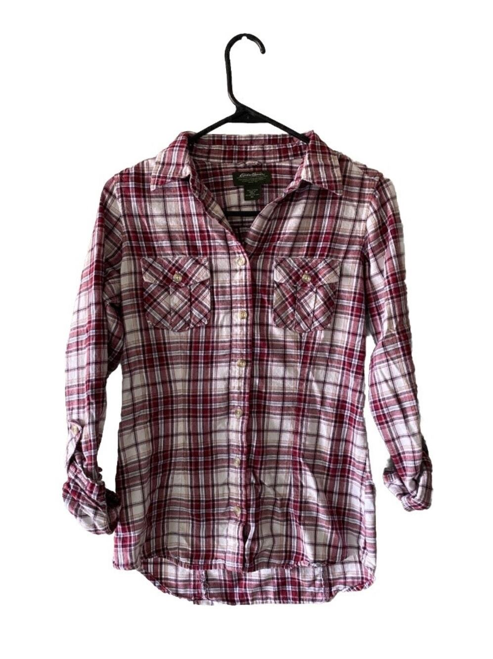 Eddie Bauer Women Flannel Plaid Long Roll Tab Sleeve Button-Up Shirt Size XS